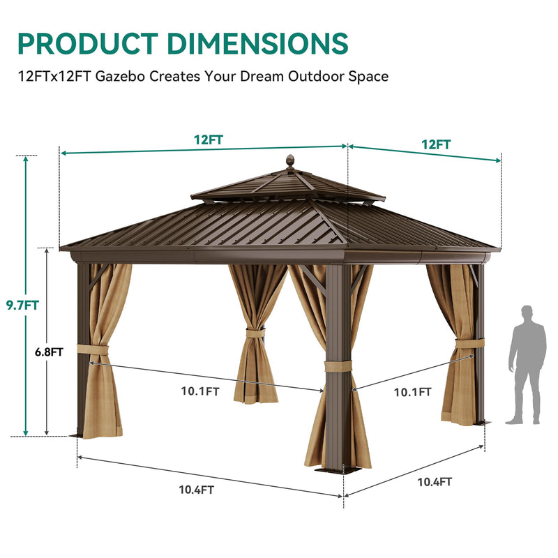 YITAHOME Gazebo 12x12ft Hardtop Heavy Duty Double Roof Outdoor Upgraded Galvanized w/Nettings Curtains Steel Combined of Horizontal Vertical Stripes Roof for Patio, Backyard, Deck, Lawn, Bronze