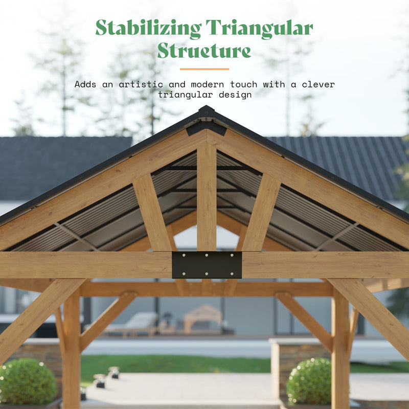 LUXOAK 10x12 ft Wood Gazebo, Hardtop Pergola with Steel Gable Roof, Outdoor Gazebo with Guest House for Garden, Porch, Patio, Black + Natural Wood