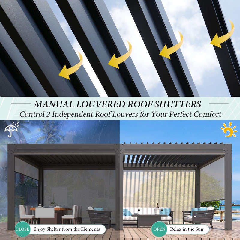 YOLENY Louvered Pergola and 6 Pull-Down Screens, 10x20FT All Aluminum Pergola with Adjustable Rainproof Roof, Outdoor Sun Shade Shelter for Patio, Weatherproof, Dark Gray