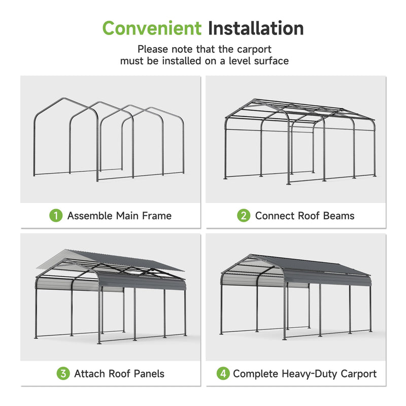 10×15FT Metal Carport, Heavy Duty Car Port, All-Weather Outdoor Storage Trucks, Boats, Cars, Galvanized Steel Roof, Vertical Stripe Design