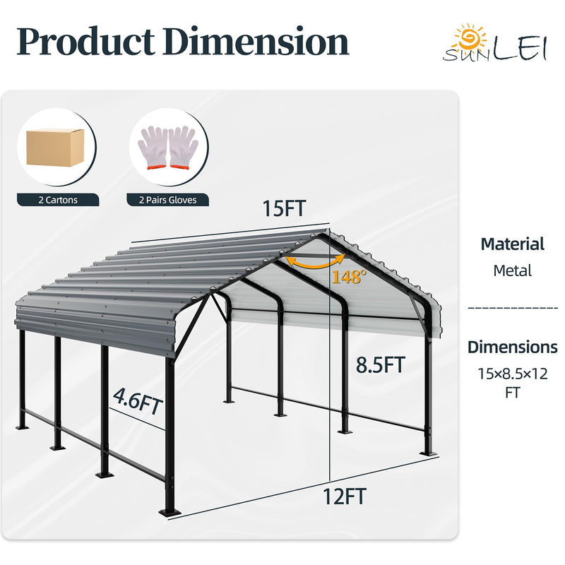 SUNLEI 12X15 FT Carport, Heavy Duty Carports Canopy with Galvanized Steel Roof and Frame, Metal Carportes Upgraded Extra Large Garage for Pickup, Boat, Car and Tractors