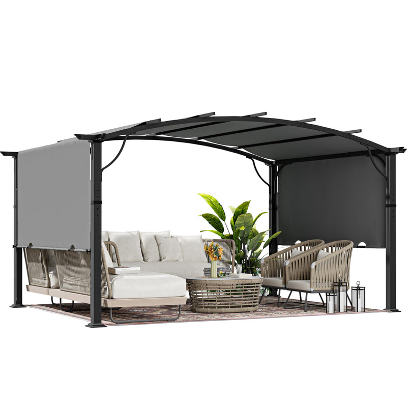 HAPPATIO 10' x13' Outdoor Arched Patio Pergola, Outdoor Retractable Pergola with Sun Shade Canopy, Aluminum Frame with Canopy Fixed in Various Positions for Gardens, Patios, Backyards (Grey)