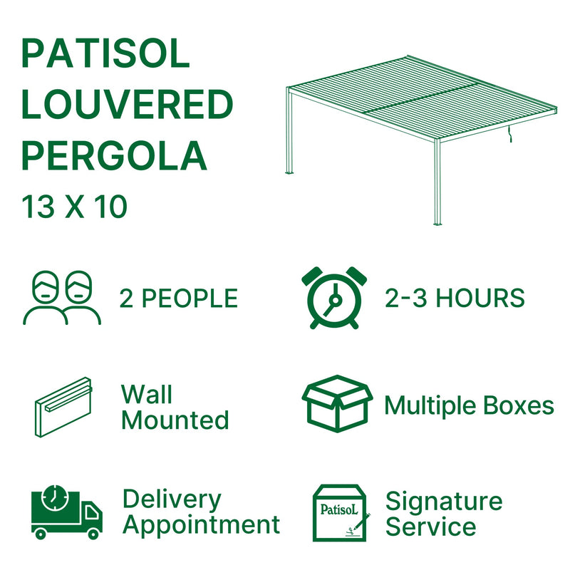 PATISOL Louvered Pergola Against The Wall Outdoor Patio 13'x10' Full Aluminum Pergola Wall Mounted Attached Adjustable Roof Hardtop Rainproof Gazebo for Deck Garden Yard Beach (Grey)