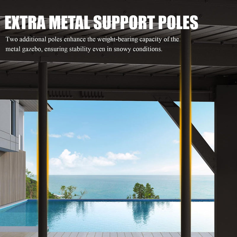 Domi 12x16FT Wall-Mounted Hardtop Gazebo, Aluminum Lean to Gazebo with Galvanized Steel Sloping Roof, Curtains & Netting for Outdoor Patio, Deck, Backyard, Garden Parties