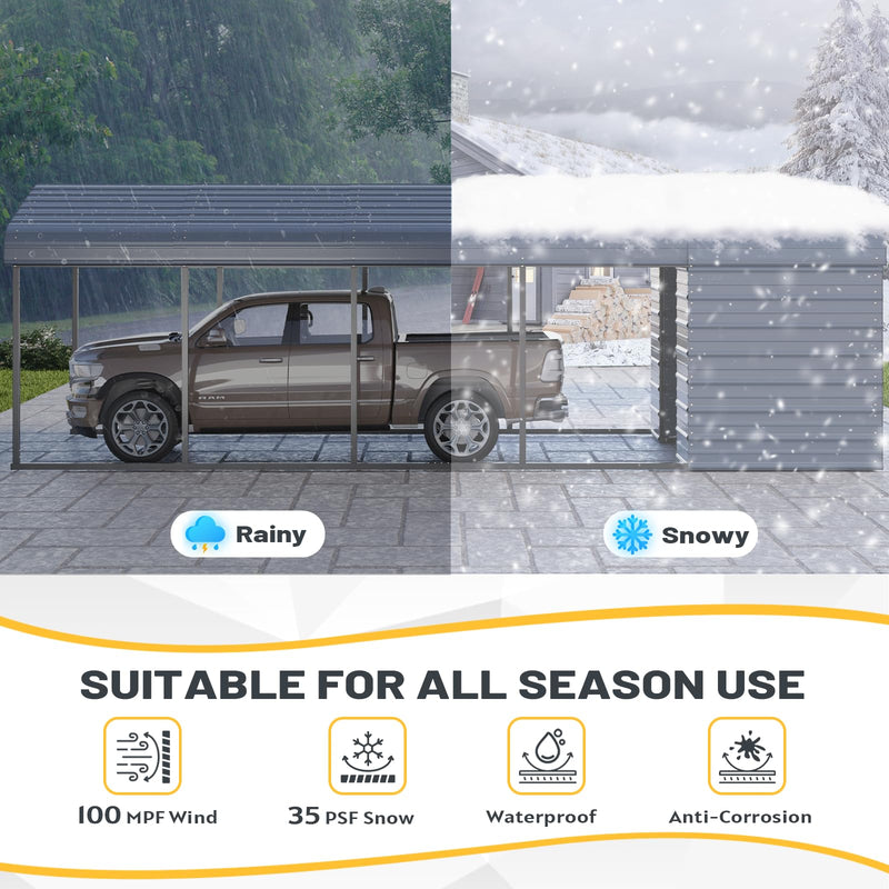 EROMMY 10x25 FT Carport Storage Shed 2-in-1, Heavy Duty Car Port with Galvanized Metal Frame, Base-Reinforced Enclosed Storage Shelter, Extended Coverage for Trucks, Cars & All Vehicles, Gray