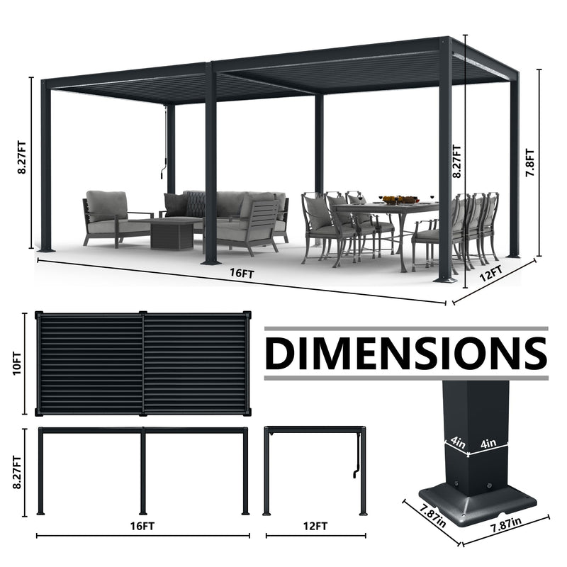 MASTERCANOPY 12’ X 16’ Louvered Pergola Outdoor Aluminum Patio Pergola with Adjustable Roof for Deck Backyard Garden (Black)