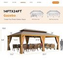 YOLENY 14'x24' Gazebo, Wooden Finish Coated Aluminum Frame Pergola with Double Galvanized Steel Hardtop Roof, Outdoor Permanent Metal Pavilion with Curtains and Nettings for Patio, Backyard and Deck