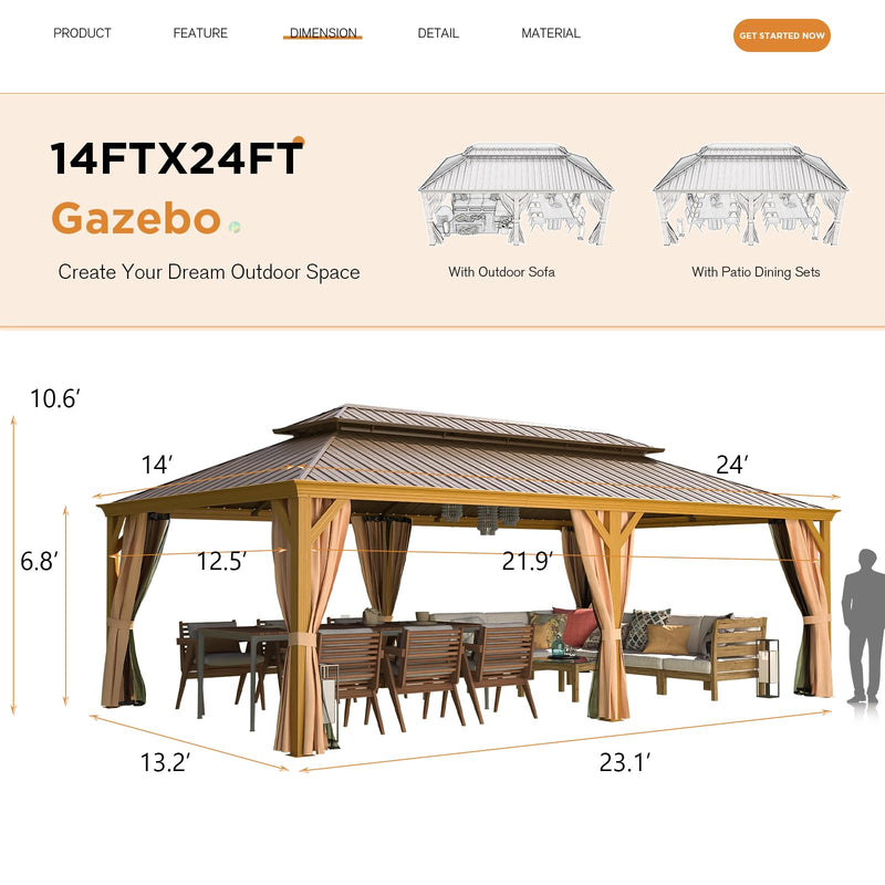 YOLENY 14'x24' Gazebo, Wooden Finish Coated Aluminum Frame Pergola with Double Galvanized Steel Hardtop Roof, Outdoor Permanent Metal Pavilion with Curtains and Nettings for Patio, Backyard and Deck