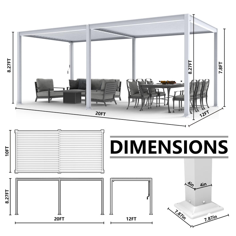 MASTERCANOPY 12’ X 20’ Louvered Pergola Outdoor Aluminum Patio Pergola with Adjustable Roof for Deck Backyard Garden (White)