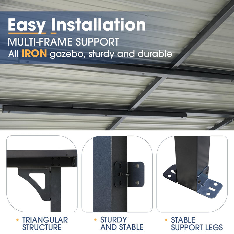 OC Orange-Casual 10x14 FT Patio All-Iron Gazebo,Hard Top Lean to Gazebo Pergola with Roof, Wall Mounted Heavy Duty Awnings, for Outdoor, Backyard, Deck