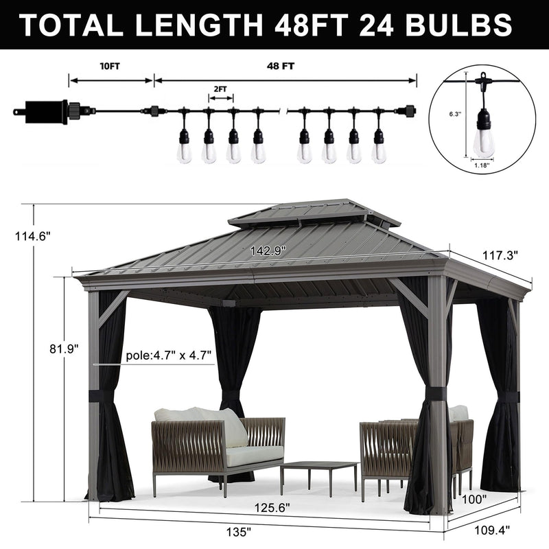 PURPLE LEAF 10' x 12' Hardtop Aluminum Gazebo with Double Metal Roof and String Lights Heavy Duty Permanent Gazebo for Patio Deck Lawn Garden All Weather Outdoor Pavilion Gazebo, Light Grey