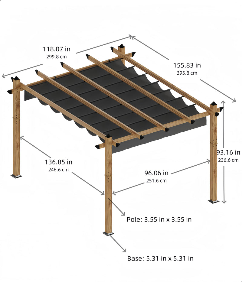 GarveeLife 10 x 13 Ft Wood-Grain Aluminum Pergola Outdoor Pergola with Retractable Canopy Sun Shade Shelter for Garden, Patio, Backyard, Deck - Gray