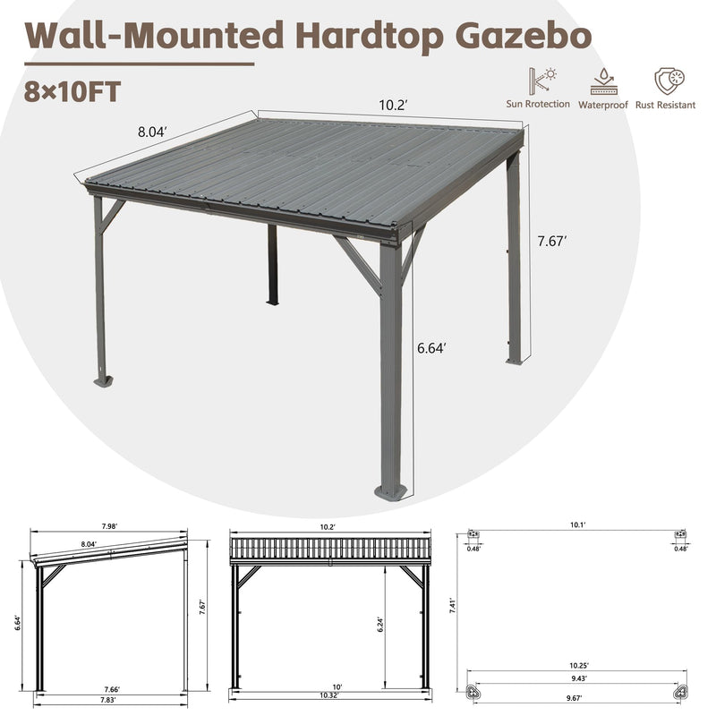 Domi 8' x10' Lean to Gazebo with Upgraded Drainage System, Wall Mounted Gazebo Hardtop Galvanized Steel Sloping Roof for Patio Deck Backyard Lawn Party（Gray）