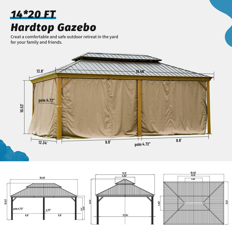 Domi Outdoor Living 14’x20’ Hardtop Gazebo, Wooden Coated Aluminum Frame Canopy with Galvanized Steel Double Roof, Outdoor Permanent Metal Pavilion with Curtains and Netting for Patio, Deck and Lawn