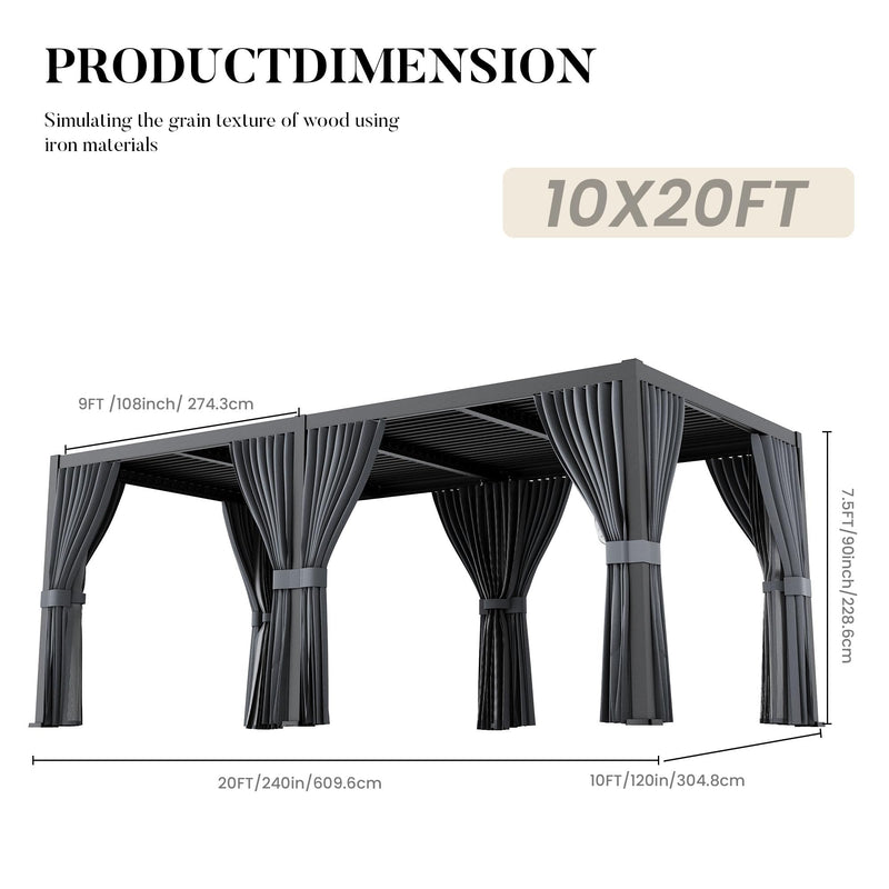 HOMPUS Louvered Pergola 10' x 20', Outdoor pergola with Aluminum Frame and Adjustable Rainproof Roof, Modern Louvre Shade for Garden & Patio, Curtains and Netting Included, Black