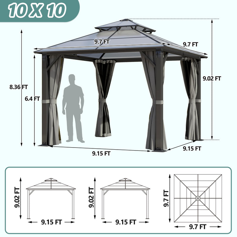 Howsvn 10'x10' Hardtop Gazebo, Outdoor Polycarbonate Double Roof Gazebos with Netting and Curtains, Heavy Duty Metal Pavilion for Patio, Backyard, Deck and Lawn