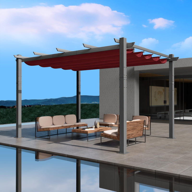 Kozyard Morgan Outdoor Retractable Pergola with Sun Shade Canopy Patio Aluminum Pergola Shelter for Backyard Deck Garden Modern Metal Grill Gazebo (10' x 13', Burgundy)