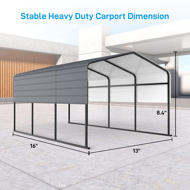 ACONEE Carport 13 x 16 FT, Heavy Duty Metal Carport with Galvanized Steel Roof, Garage Car Shelter Shade, Outdoor Metal Carport Canopy, Bolts for Car, Trucks, Boats, Multi-Purpose Carport, Grey