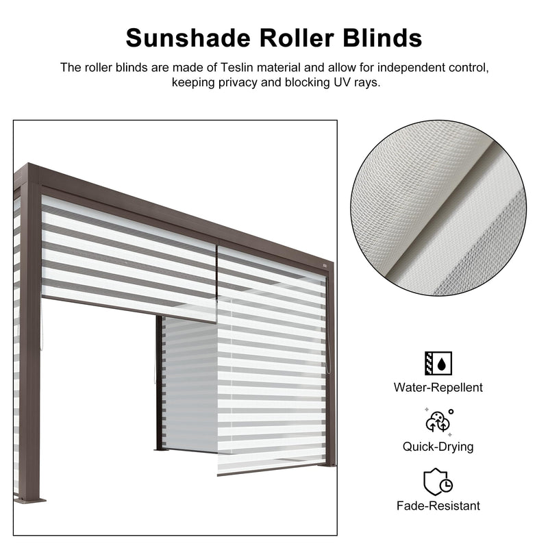 PURPLE LEAF Outdoor 10' × 14' Louvered Pergola with Roller Blinds Patio Adjustable Aluminum Canopy Retractable Metal Roof for Deck Outside Backyard Hardtop Gazebo Sun Shade, 2 Short and 1 Long Side