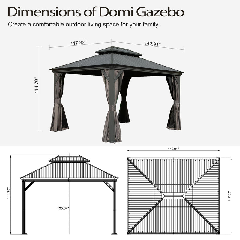 Domi 10x12FT Outdoor Gazebo, Hardtop Gazebo with Galvanized Steel Double Roof, Metal Gazebos with Drainage System Patio Pergola for Patio Deck Backyard,Curtain and Netting,Gray