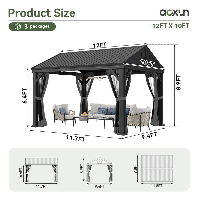 Aoxun 10' X 12' Hardtop Gazebo, Aluminum Outdoor Gazebo with Galvanized Steel Gable Roof Canopy, Patio Permanent Metal Pavilion with Netting, for Garden, Backyard, Deck