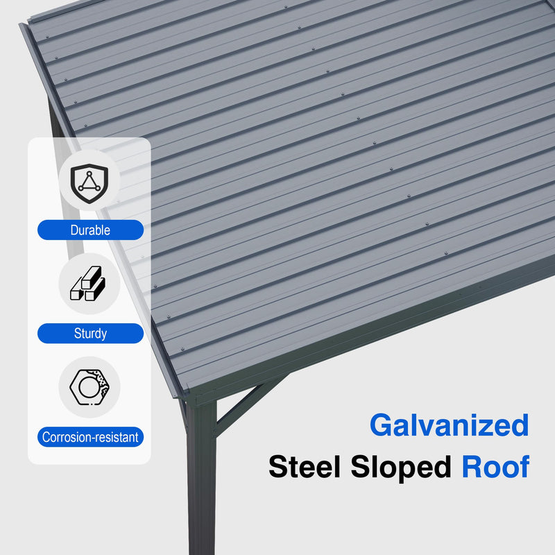 Domi 8x10FT Lean to Gazebo, Outdoor Hardtop Wall Mounted Gazebo with Sloping Galvanized Steel Roof, Upgraded Heavy Duty Mounted Shelter with Drainage System for Deck, Porch, Backyard