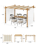 10x13 Ft Outdoor Aluminum Pergola, Upgraded Faux Wood Grain Retractable Pergola with Adjustable Roof & Side Mesh Screen, Modern Metal Patio Gazebo for Deck, Backyard, Porch, Vineyards, Beige + White