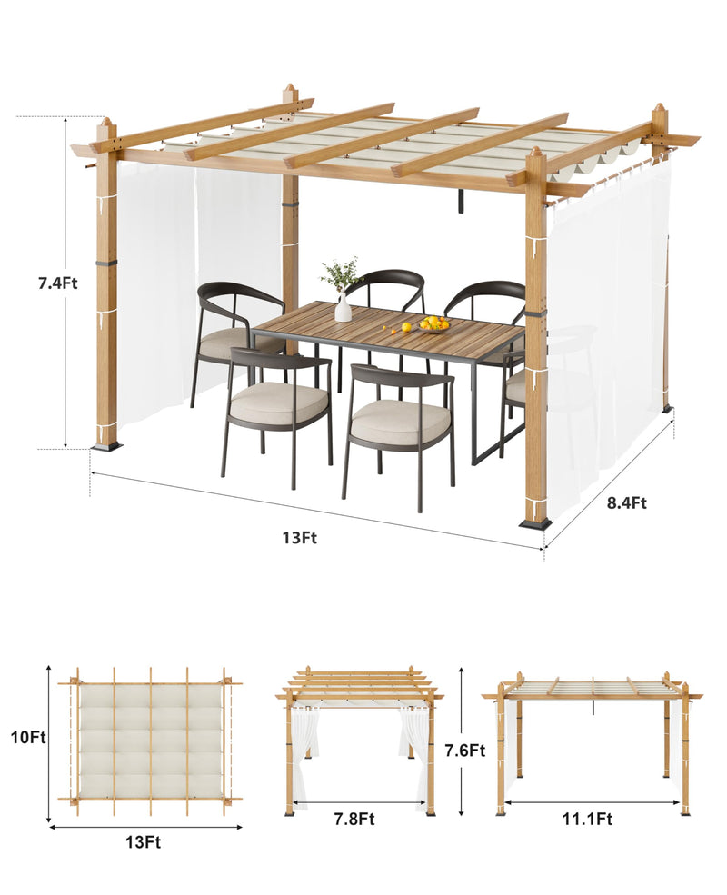 10x13 Ft Outdoor Aluminum Pergola, Upgraded Faux Wood Grain Retractable Pergola with Adjustable Roof & Side Mesh Screen, Modern Metal Patio Gazebo for Deck, Backyard, Porch, Vineyards, Beige + White