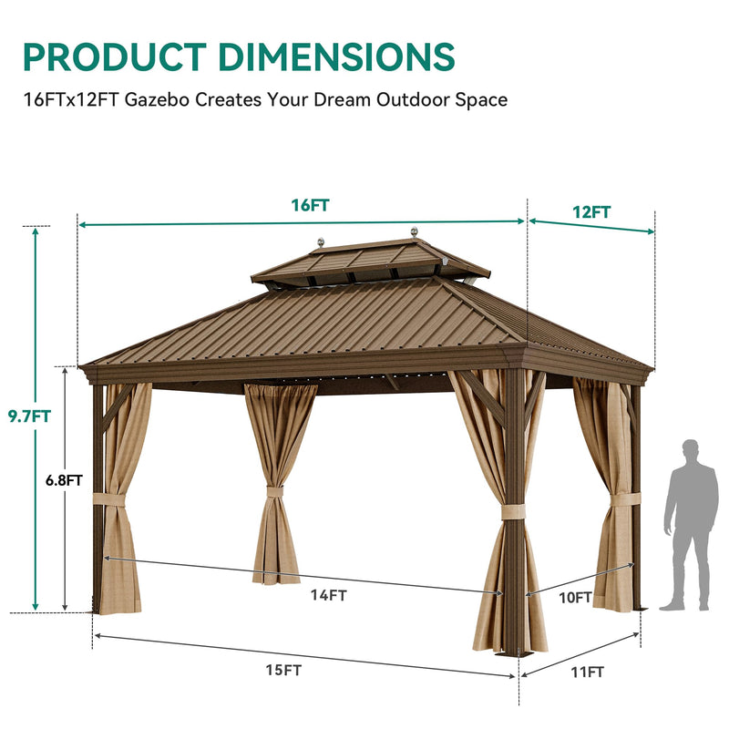 YITAHOME 12X16FT Metal Hard top Gazebo with Metal Steel Double Roof Canopy Galvanized Iron Aluminum Frame Garden Tent Curtains Netting for Patios Backyards Decks Lawns