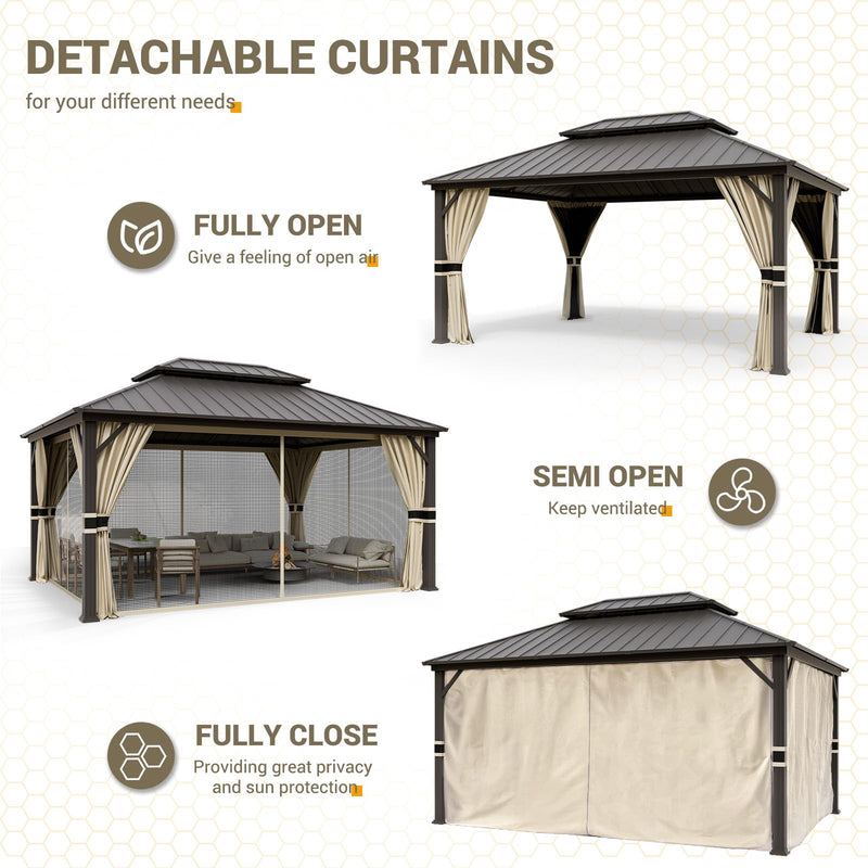 UDPATIO 12' x 16' Hardtop Gazebo, Outdoor Aluminum Gazebo with Galvanized Steel Double Roof, Permanent Metal Canopy with Curtains and Netting for Patio, Garden, Lawn, Backyard, Deck, Beige