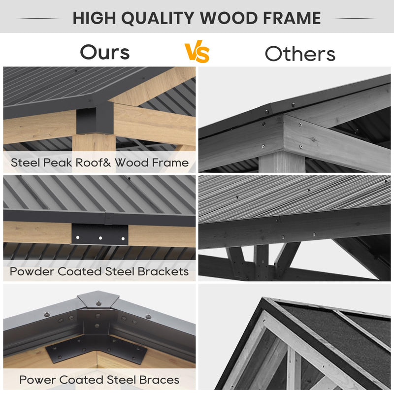 13‘x15’ Outdoor Patio Wooden Gazebo - Cedar Solid Wood Gazebo with Galvanized Steel Roof, Wooden Frame, Pavilion for Lawns, Beach, Patio, Garden (13X15FT)