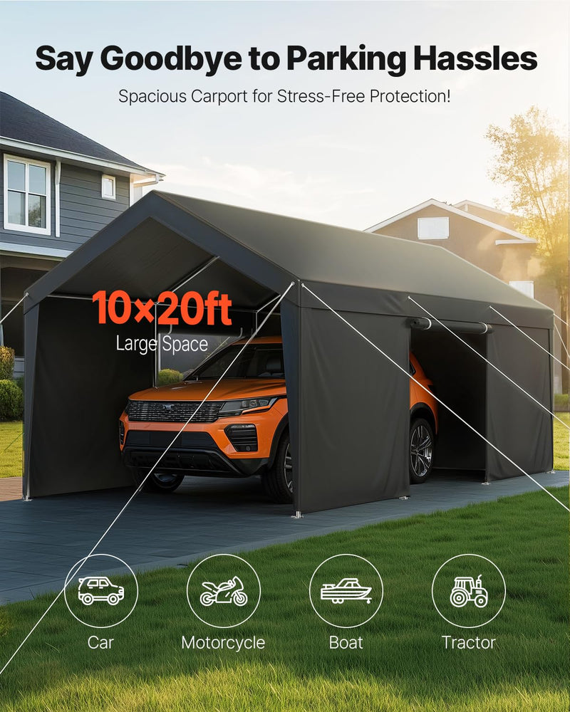 VEVOR 10x20 FT Heavy Duty Carport, Car Port Car Canopy, Potable Garage Car Canopy with Removable Sidewalls, Outdoor Car Shelter, UV and Water-Resistant Car Tent for Cars, Boats, Trucks, and Equipment