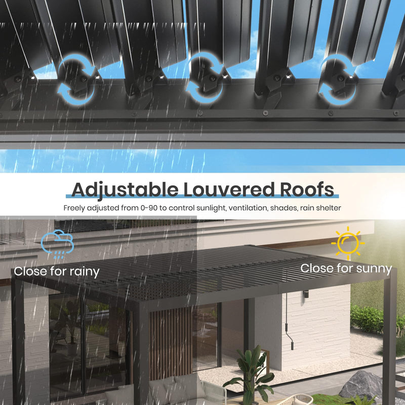 10'×13' Outdoor Louvered Pergola, Aluminum Outdoor Louvered Pergola Patio with Adjustable Roof for Outdoor Deck, Backyard, Garden (10x13FT with Curtain)