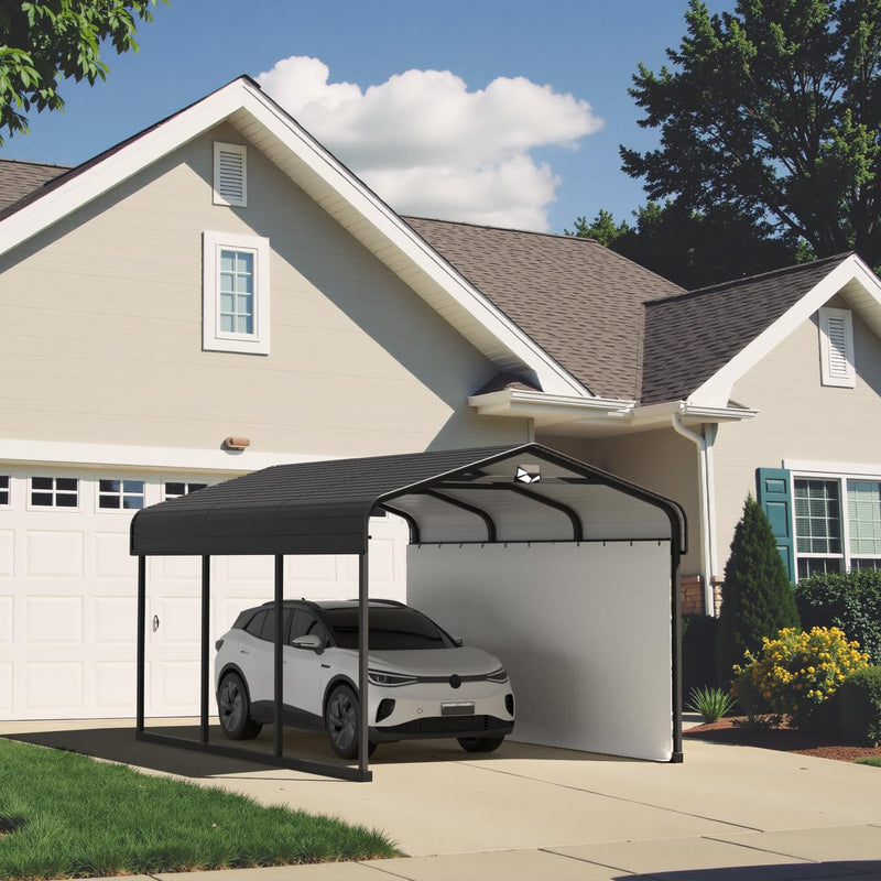 Benass 10x15 Metal Carport, Carport Canopy 10x15 Heavy Duty, Galvanized Steel Roof Car Port with Removable Polyethylene Sidewalls