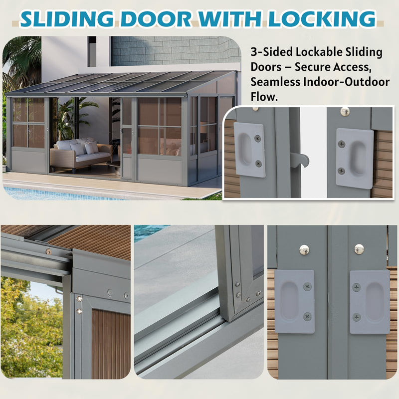 EROMMY 10' x 16' Sunroom, Wall Mounted Gazebo Solarium with Aluminum Frame, Polycarbonate Roof, Permanent Sun Room with Sliding Doors, Lockable PC Screen Walls, Lean to Gazebo for Garden, Patio, Grey