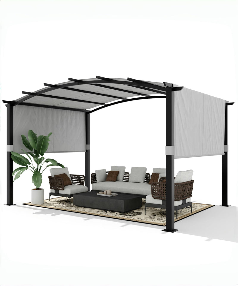 GarveeLife 12 x 9 Ft Outdoor Arched Pergola, Metal Pergola with Retractable Canopy, Arched Style Gazebos for Backyards, Lawn, Patios (Gray)
