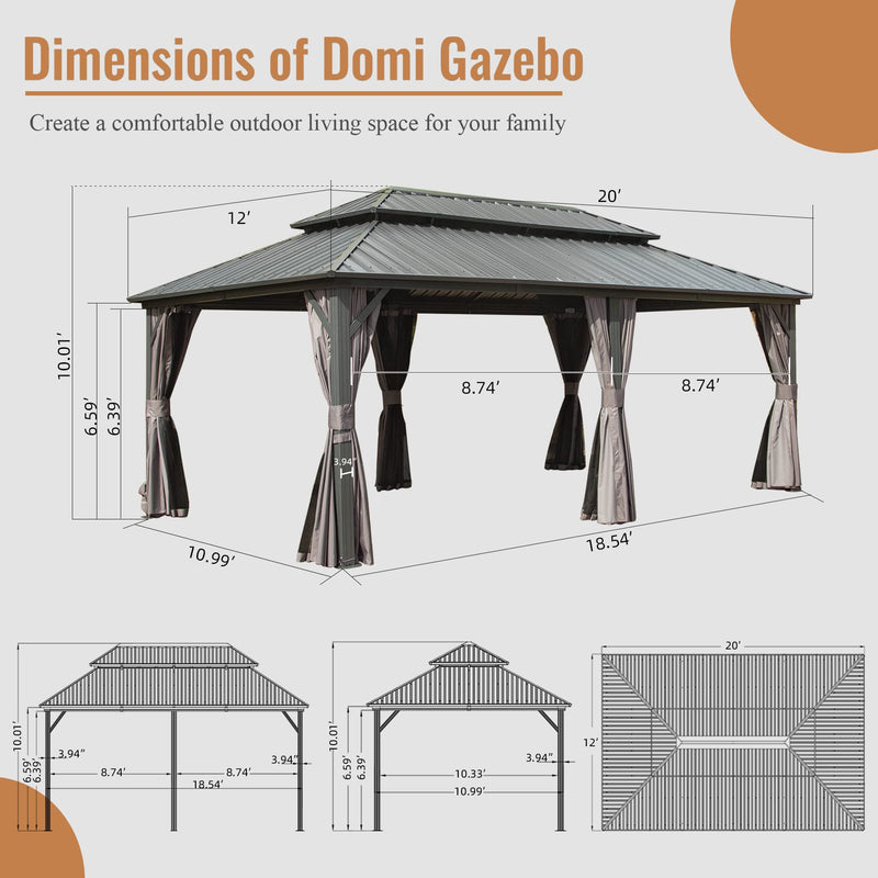 Domi 12' x 20' Hardtop Gazebo Permanent Metal Gazebo with Galvanized Steel Double Roof, Curtains and Netting for Patio, Backyard, Deck, Lawn, Grey