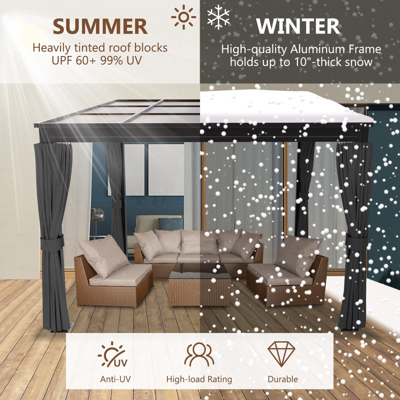 10'x10' Lean to Gazebo, Wall Mounted Gazebo with Aluminum Frame, Curtains and Netting for Patio,Decks, Garden and Lawn