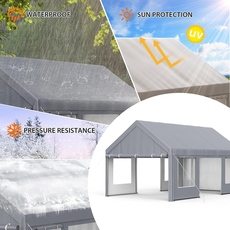 Klysiora 13x20 Ft. Metal Carport Garage with PE Fabric and Galvanized Steel Frame Outdoor Shelter for Cars, Trucks and Boats with 4 Doors and Mesh Windows for Ventilation - Grey