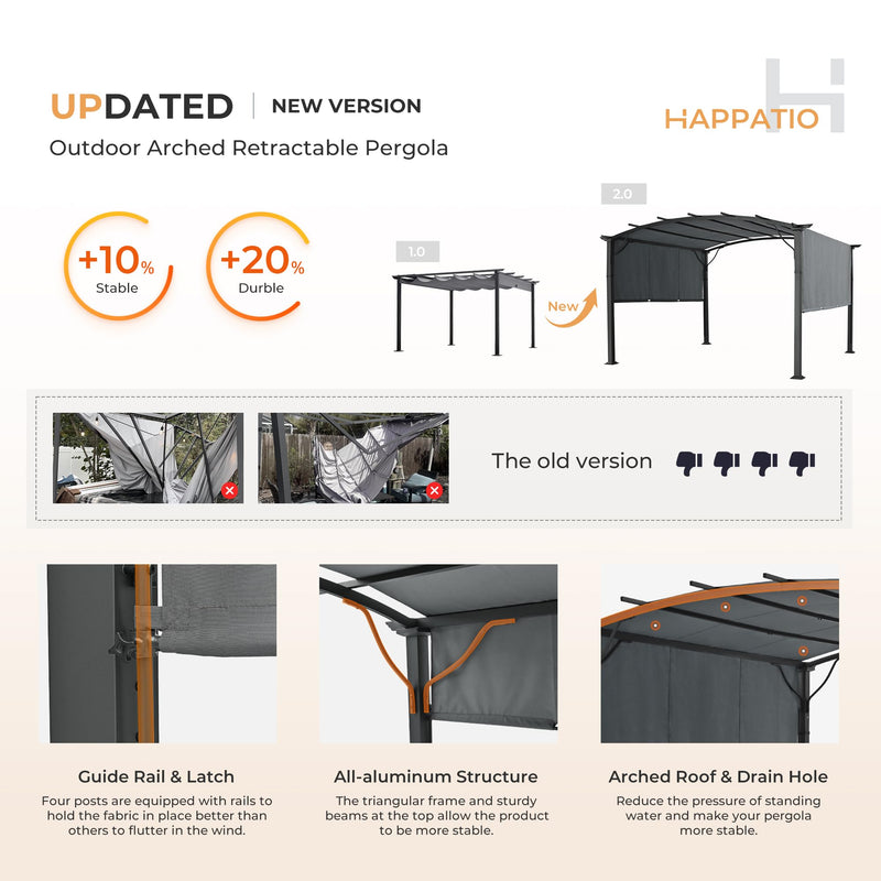 HAPPATIO 10' x13' Outdoor Arched Patio Pergola, Outdoor Retractable Pergola with Sun Shade Canopy, Aluminum Frame with Canopy Fixed in Various Positions for Gardens, Patios, Backyards (Grey)