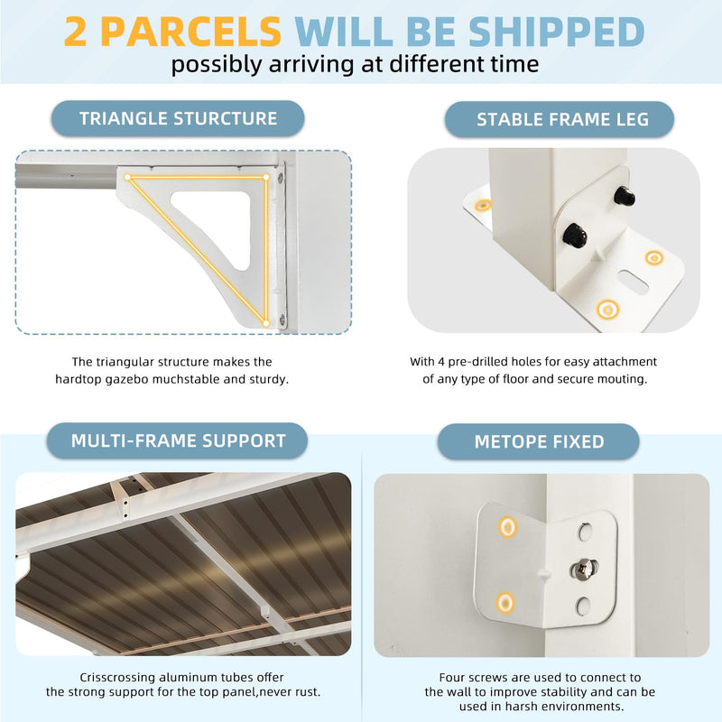 AECOJOY 20' x 10' White Outdoo Gazebo for Patio, Large Wall-Mounted Pergolas and Gazebos Clearance Hard Top 10x20 Lean to Metal Gazebo Shelter Patio Roof, Heavy Duty Awnings for Patio, Decks