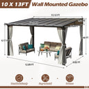 Raysfung 10 x13FT Outdoor Wall-Mounted Hardtop Gazebo, Aluminum Frame Lean to Gazebo with Polycarbonate Roof and Curtains for Patio, Garden, Deck