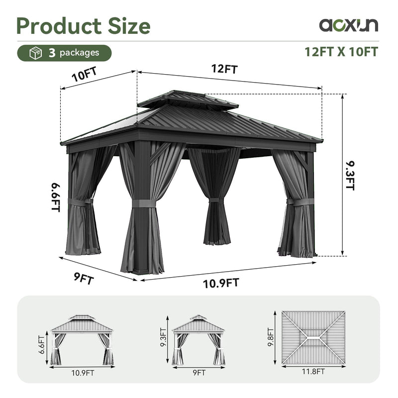 Aoxun 10' X 12' Hardtop Gazebo, Aluminum Outdoor Gazebo with Galvanized Steel Double Roof Canopy, Permanent Metal Pavilion with Privacy Curtain and Netting, for Garden, Backyard, Square Foundation
