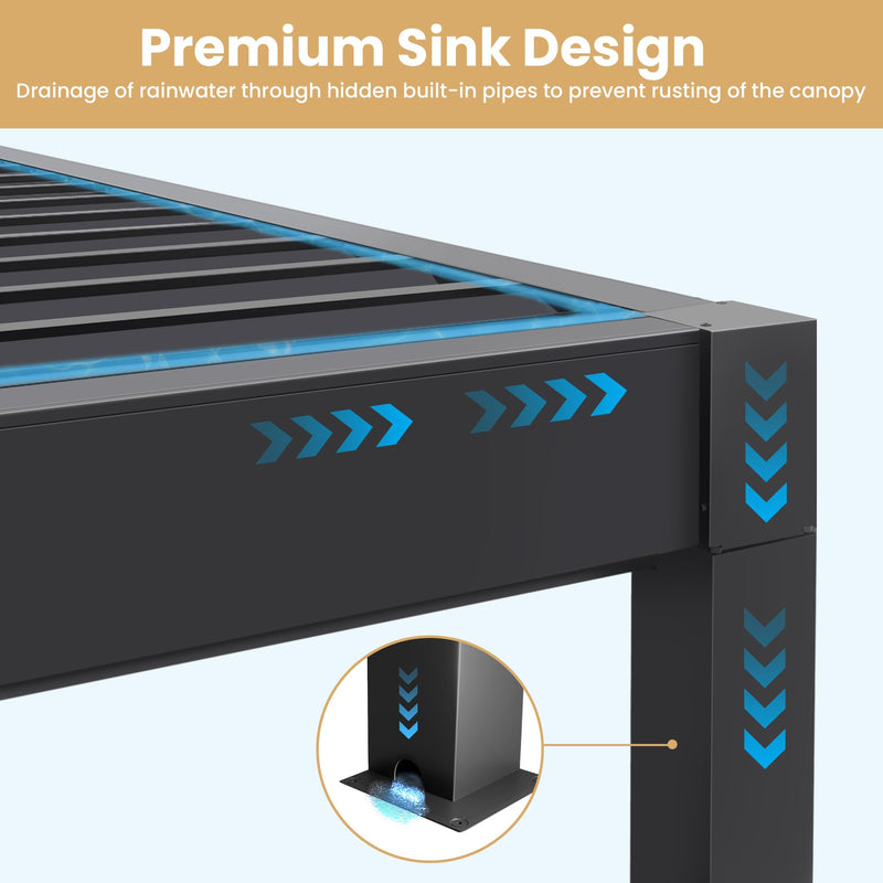 Greesum 10x10FT Outdoor Aluminum Pergola, Electric Adjustable Louvered Pergola with LED Lights and Gutter System, Metal Gazebo for Patio, Deck, Garden, Yard, Black