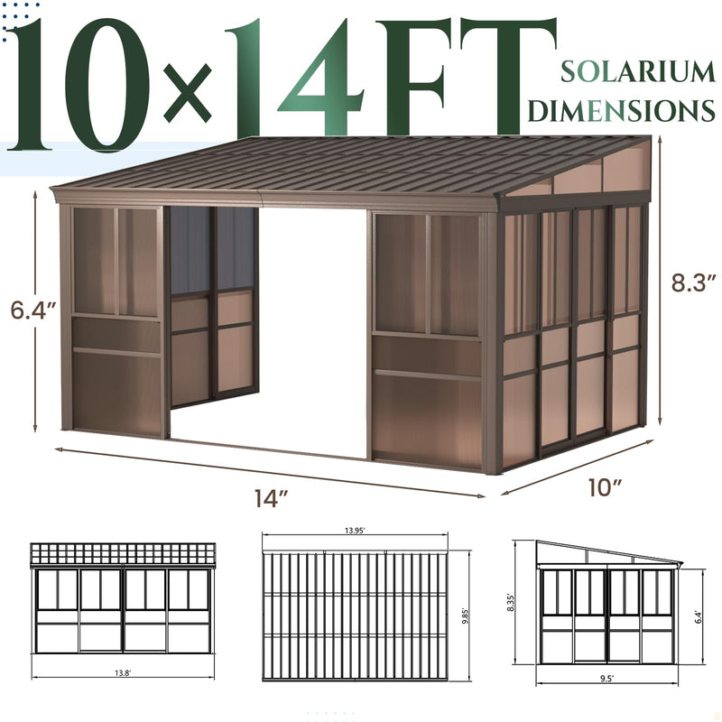 EROMMY 10' x 14' Sunroom, Wall Mounted Gazebo with Galvanized Steel Roof & Aluminum Frame, 3-Sided Sliding Doors, Lean to Gazebo with 6mm Thickened UV-Resistant PC Screen for Patio, Garden, Backyard