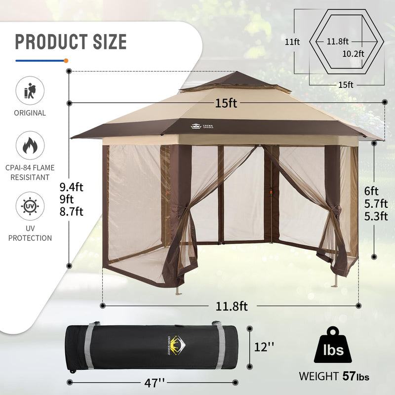 CROWN SHADES 12x12 Pop up Gazebo with Mosquito Nettings, Patented Center Lock 6-Sided Portable Gazebo, 300D Silver-Coated Fabric UV Resistant, Pop Up Canopy Tent for Patio, Party, Beige&Coffee
