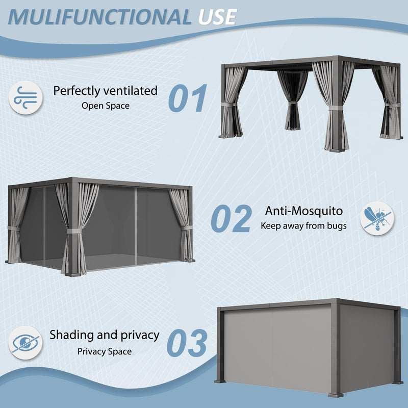Aoxun Louvered Pergola 12' x 16' Outdoor Aluminum Pergola Adjustable Roof, with Waterproof Curtains and Nets, for Decks, Gardens, Gray