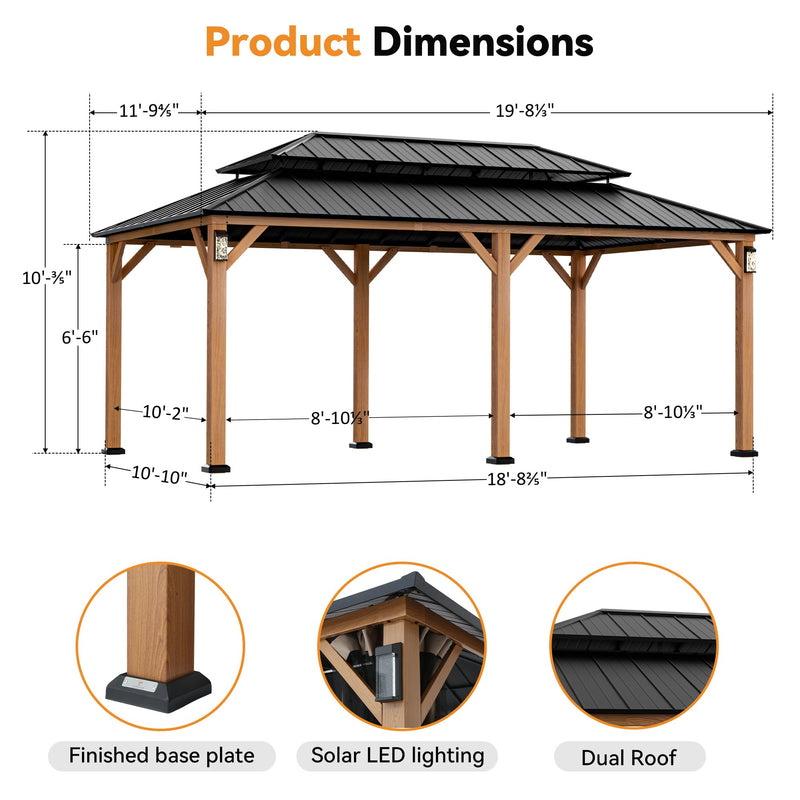 Modern Shade The Horizon Permanent Hardtop Gazebo 12' x 20' w/ 4 LED Lights, Outdoor Gazebo w/Galvanized Steel Double Roof, Patio Pavilion w/Decor Hooks, Mosquito Nettings, Wood-Looking