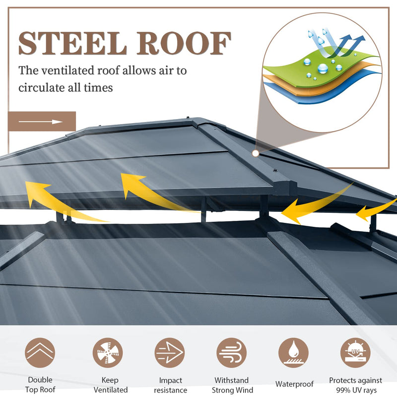 EROMMY 12'x14' Hardtop Gazebo, Double Roof Metal Canopy with Aluminum Frame, Netting and Shaded Curtains Included Permanent Outdoor Pavilion Gazebos for Patio, Backyard, Deck and Lawns