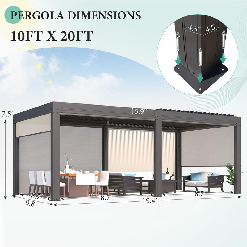 YOLENY Louvered Pergola and 6 Pull-Down Screens, 10x20FT All Aluminum Pergola with Adjustable Rainproof Roof, Outdoor Sun Shade Shelter for Patio, Weatherproof, Dark Gray